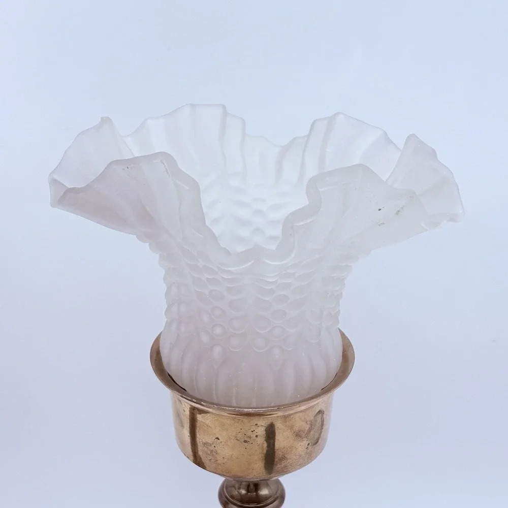 Vintage Brass Hurricane Candlesticks Pair Hobnail Milk Glass Shades 14